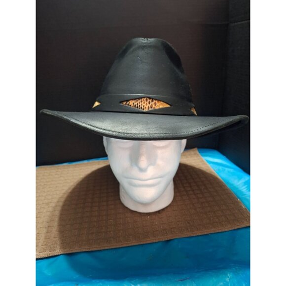 Black Western Leather Cowboy Hat With Snake Skin Band Size L - Picture 5 of 9